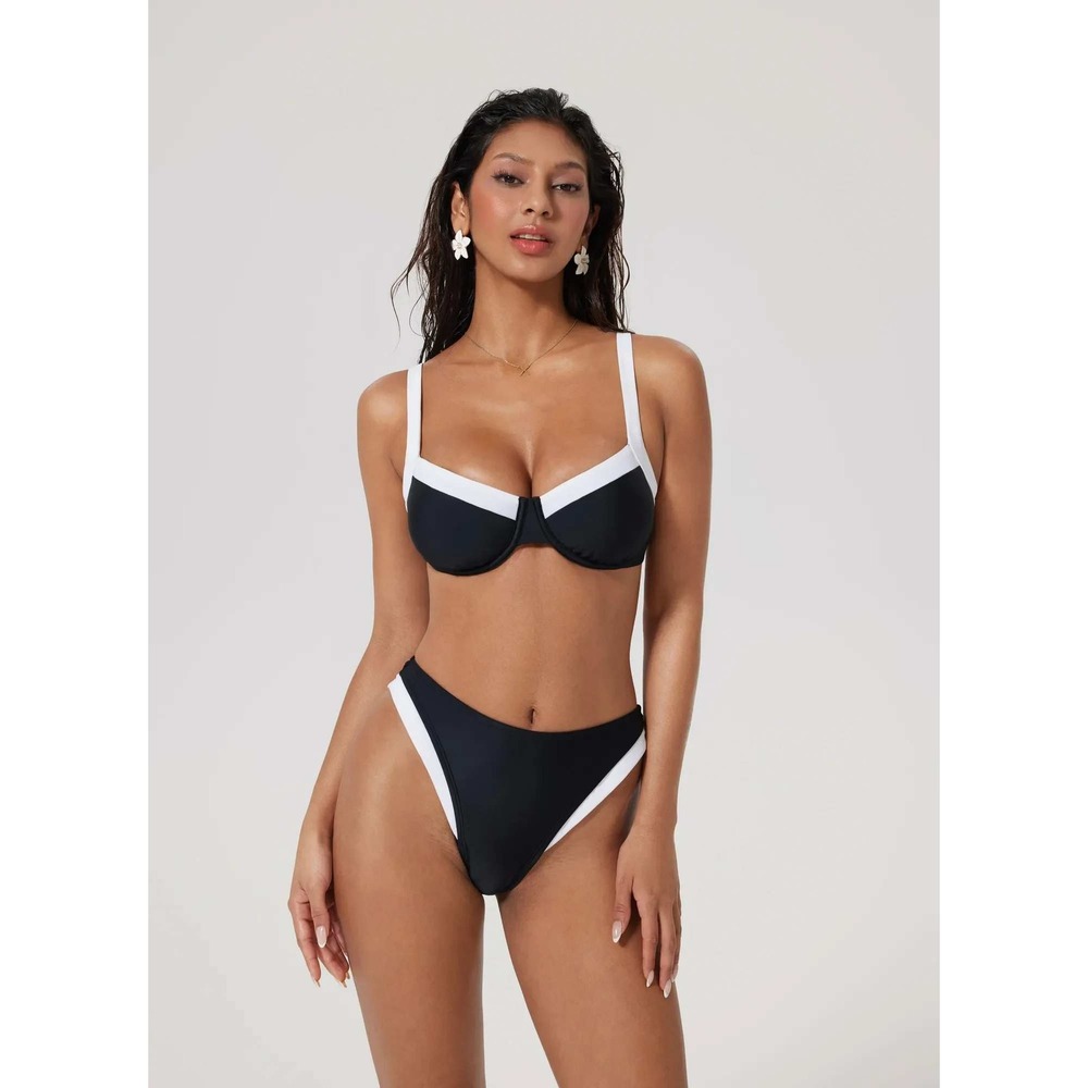 SUUKSESS Women Color Block Underwire Bikini Set High Waisted Black White NWOT